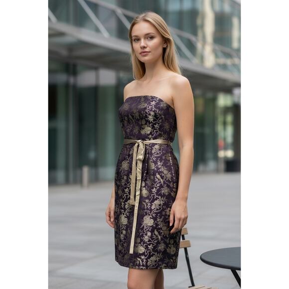 ✨ David Meister Purple & Gold Strapless Jacquard Dress – Size 12 ✨Cocktail Prom - Picture 1 of 12